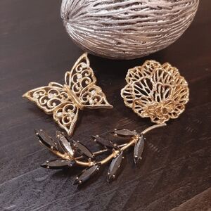 Bundle Of 3 Elegant Brooches Butterfly Flower Pin Clip Formal Wedding Prom Gold